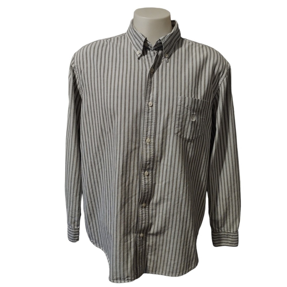 Chaps Shirt‎ Men's XXL Long Sleeve Gray White Striped Button Down Logo Norm Core